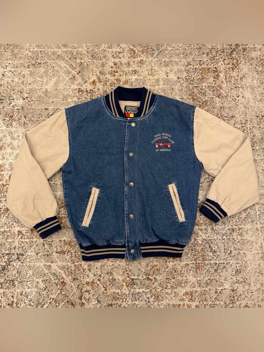 Vintage 90s Hartwell ViaSport Denim Varsity Jacket Car Club M